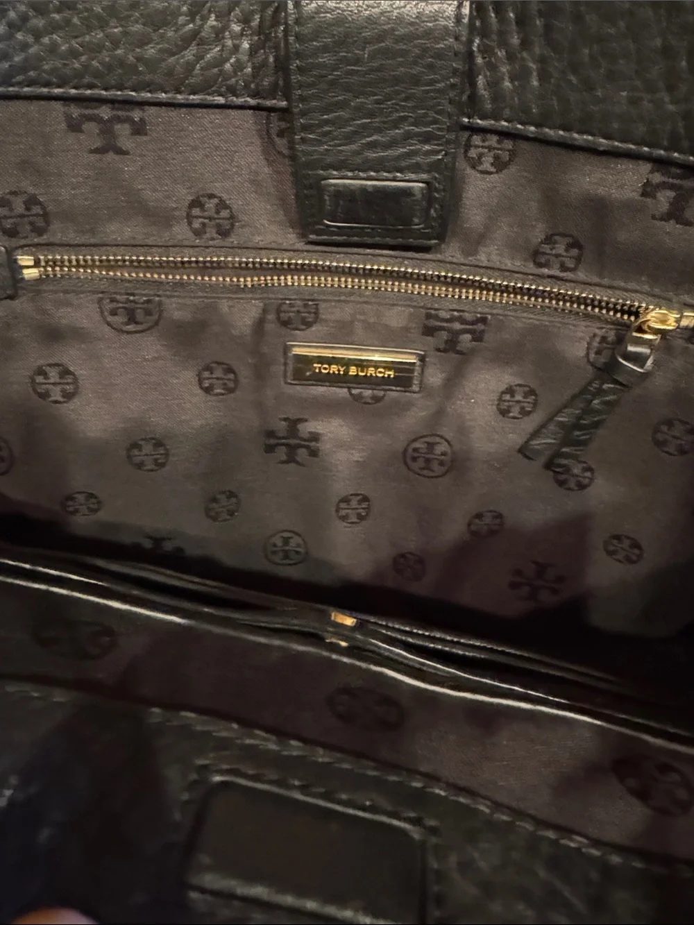 Tory Burch Black Pebbled Leather Satchel with Gold Logo